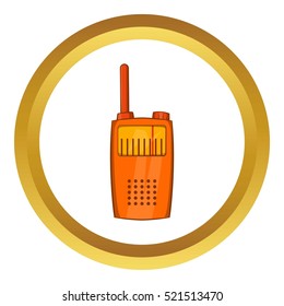 Orange portable handheld radio vector icon in golden circle, cartoon style isolated on white background
