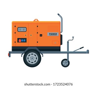 Orange Portable Power Generator on Wheels, Diesel Electrical Engine Equipment Vector Illustration