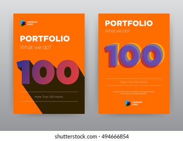 Orange Portfolio Company 100 Works annual report brochure flyer design template stock vector, Leaflet cover presentation abstract flat background, layout in A4 size, 2016, booklet, catalog, corporate 