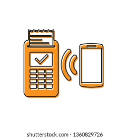 Orange POS terminal with printed reciept and confirms the payment by smartphone icon isolated on white background. NFC payment concept. Vector Illustration