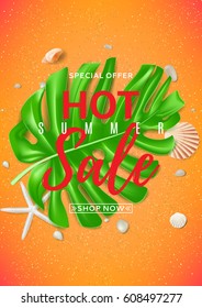 Orange poster for hot summer sale. Top view on composition with leaf of tropical plant and seashells. Vector illustration.