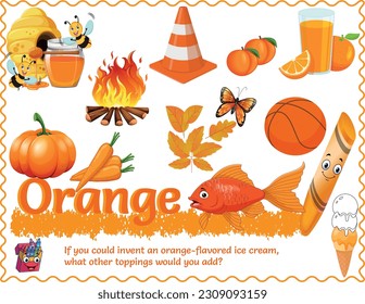 An Orange Poster includes the written color name and various objects that are that color. Ideal in the classroom and a great addition as a word wall. With logic, critical questions for smart kids.