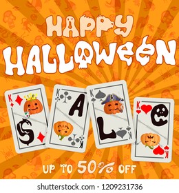 orange poster on sale with playing cards. stock vector image