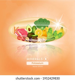 Orange potassium mineral capsules. Benefits Healthy food of vitamins with mineral meat, fruit and vegetables. Medical and dietary supplement care concept. 3D Vector EPS10 illustration