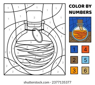 Orange potion on the bottle. Color by number. Coloring page. Game for kids. Cartoon, vector. Isolated vector illustration eps 10