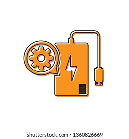 Orange Power bank with charge cable and gear icon isolated on white background. Adjusting app, service concept, setting options, maintenance, repair. Vector Illustration