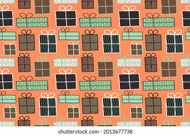 Orange present box seamless pattern with confetti for birthday party, christmas eve, holiday. Eps10 vector pattern for wrapping paper, greeting card, invitation