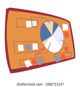 Orange presentation board with colorful circle diagram infographic template with multiple arrows and sticky notes isolated on white. Working plan organization concept isometric vector illustration