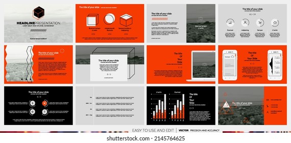 Elementos de las plantillas de presentación naranja en un fondo blanco. Infografía vectorial. Uso en Presentación, volante y folleto, informe corporativo, marketing, publicidad, informe anual, banner.