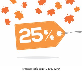 Orange price tag label with 25% text designed with an autumn maple leaf and stick branch percent icon with shadow on white background with leaves. For autumn sale campaigns.