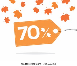 Orange price tag label with 70% text designed with an autumn maple leaf and stick branch percent icon with shadow on white background with leaves. For autumn sale campaigns.