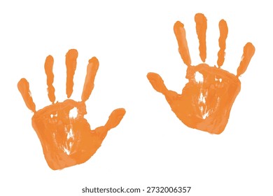 Estampado naranja de las manos de un niño dibujado con pintura. Icono de Vector de impresión de manos naranjas aislado sobre fondo blanco. Palmas.
