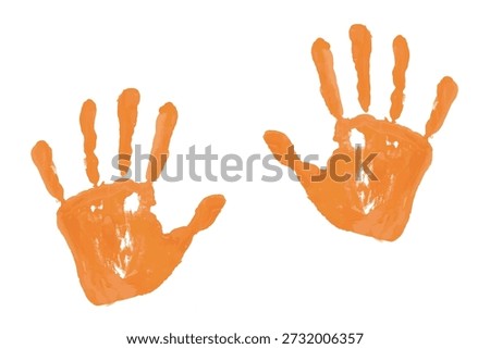 Orange print of a child's hands drawn with paint. Orange hands print vector icon isolated on white background. Palms.