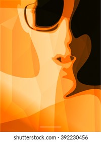 Orange print with fashion face on it. Polygonal background print with woman. Vector illustration