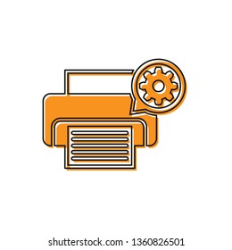 Orange Printer and gear icon isolated on white background. Adjusting app, service concept, setting options, maintenance, repair, fixing. Vector Illustration