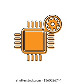 Orange Processor and gear icon isolated on white background. CPU, chip service concept. Adjusting app, setting options, maintenance, repair, fixing. Vector Illustration