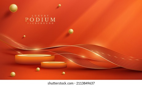 Orange product display podium with golden curve line and 3d ball elements with bokeh decoration and glitter light effect.