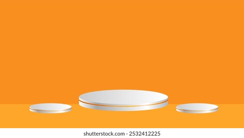 Orangefarbener Produktständer mit leuchtender Schicht auf orange-gelbem Hintergrund, Halloween- oder Sommerthema, 3D-Rendering.