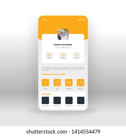 Orange profile UI, UX, GUI screen for mobile apps design. Modern responsive user interface design of mobile applications including social network profile screen