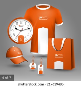 Orange promotional souvenirs design for company with white arrow. Elements of stationery.