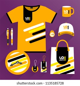 Orange promotional souvenirs design, uniform for corporate identity with black and yellow diagonal lines. Stationery set