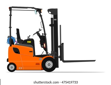 Orange propane counterbalance forklift on a white background. Flat vector