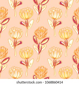 Orange protea flower seamless vector pattern. Simple handdrawn floral background.