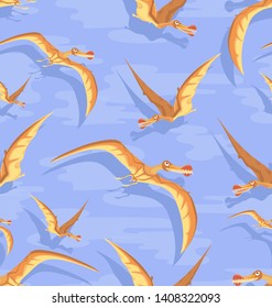 Orange pterosaurs among the clouds. Flying dinosaurs. Seamless pattern. Design for baby textiles. Background image for a Dino party.