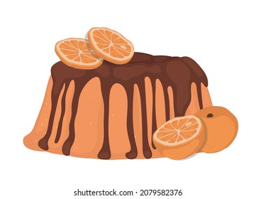 Orange pudding with chocolate icing. Chocolate cake.