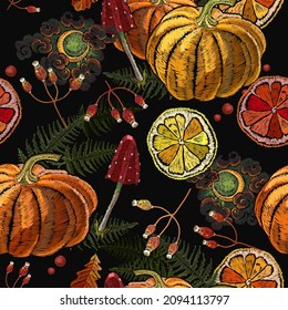Orange pumkin, autumn leaves, fly agaric and moon. Halloween template for clothes, t-shirt design. Night fairy tale style. Embroidery gothic seamless pattern. Esoteric concept