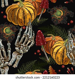 Orange Pumkin, Skeleton Hands. Fly Agaric And Moon. Halloween Template For Clothes, T-shirt Design. Night Fairy Tale Style. Embroidery Gothic Seamless Pattern. Esoteric Concept