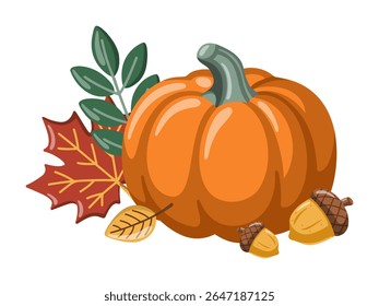 Abóbora laranja, folhas de outono e bolotas. Ilustração de outono. Acessório da temporada de outono acolhedor. Ilustração de vetor de desenhos animados 
