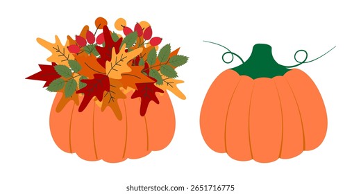 Orange Pumpkin Autumn leaves and rose hip twigs Bouquet and Crop Pumpkin with Stem Thanksgiving Set