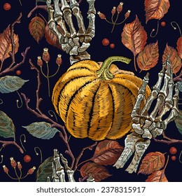 Orange pumpkin, autumn leaves and skeleton hands. Halloween gothic background. Embroidery seamless pattern. Template for clothes, t-shirt design