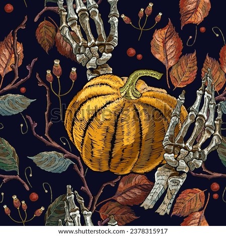 Orange pumpkin, autumn leaves and skeleton hands. Halloween gothic background. Embroidery seamless pattern. Template for clothes, t-shirt design