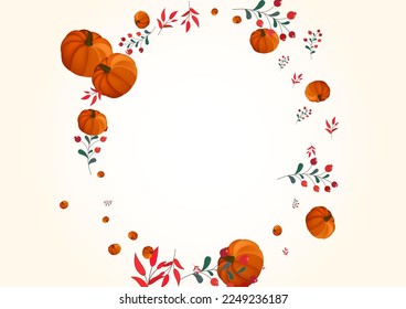 Orange Pumpkin Background Light Vector. Burgundy Maple Set. Yellow Plant November Illustration. Rowan Graphic. Food Frame.