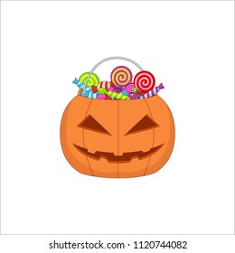 orange pumpkin bag with sweets for halloween on isolated background