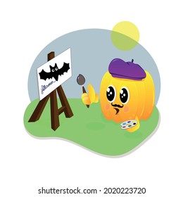Calabaza naranja con murciélago. Calabaza dibujando un murciélago. Feliz Halloween. Ilustración de dibujos animados. 