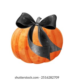 Orange pumpkin with black bow. Vector watercolor illustration for halloween design