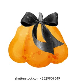 Orange pumpkin with black bow. Vector watercolor illustration for halloween design