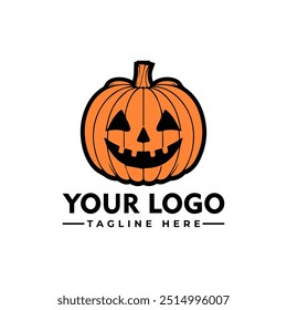 Orange pumpkin with black outline and grinning face vector logo Orange pumpkin suitable for Halloween social media posts, invitations, designs with a spooky vibe	