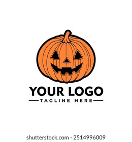 Orange pumpkin with black outline and grinning face vector logo Orange pumpkin suitable for Halloween social media posts, invitations, designs with a spooky vibe	