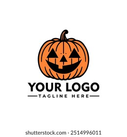 Orange pumpkin with black outline and grinning face vector logo Orange pumpkin suitable for Halloween social media posts, invitations, designs with a spooky vibe	