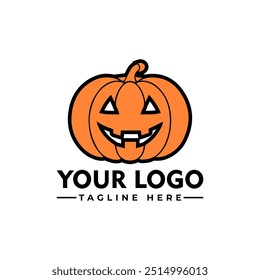 Orange pumpkin with black outline and grinning face vector logo Orange pumpkin suitable for Halloween social media posts, invitations, designs with a spooky vibe	