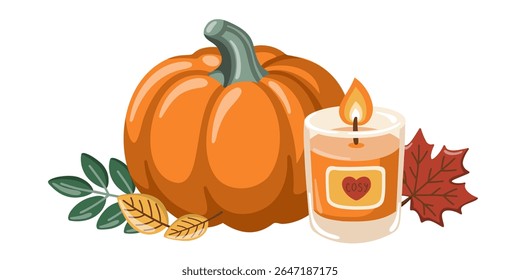 Abóbora laranja, acendendo vela aconchegante e folhas de outono. Hora do outono. Projeto de temporada de outono. Enorme. Ilustração de vetor de desenhos animados 