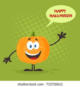 Orange Pumpkin Cartoon Emoji Character Waving For Greeting. Vector Illustration Flat Design Style With Background Speech Bubble And Text Happy Halloween