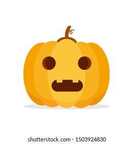 Orange Pumpkin Carved phantom/ Jack O Lantern isolated on white background. For decorate greeting card, poster, banner in halloween festival in october. flat design vector illustration. Funny icon