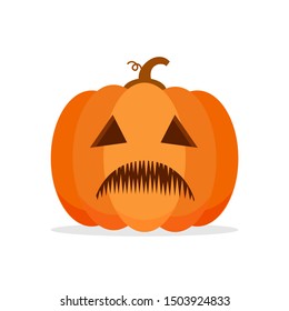 Orange Pumpkin Carved phantom/ Jack O Lantern isolated on white background. For decorate greeting card, poster, banner in halloween festival in october. flat design vector illustration. Funny icon