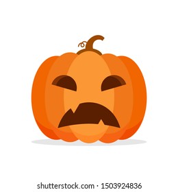 Orange Pumpkin Carved phantom/ Jack O Lantern isolated on white background. For decorate greeting card, poster, banner in halloween festival in october. flat design vector illustration. Funny icon