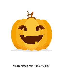 Orange Pumpkin Carved phantom/ Jack O Lantern isolated on white background. For decorate greeting card, poster, banner in halloween festival in october. flat design vector illustration. Funny icon